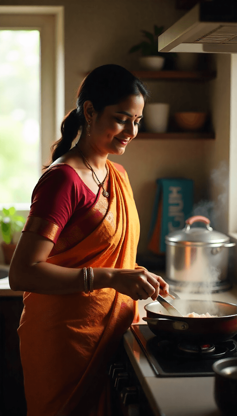 Homemaker cooking and staying active